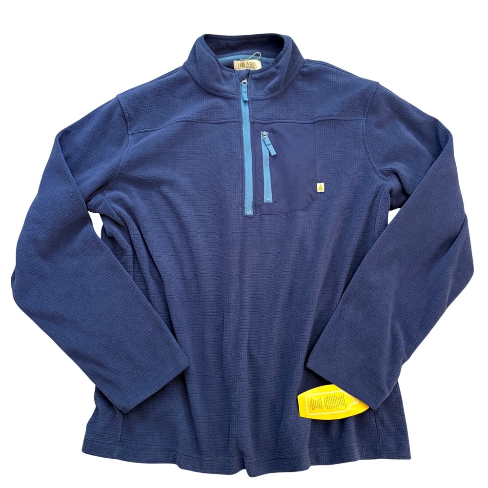 Lake & Trail Grid Fleece Pullover Mens XL Blue Quarter Zip Recycled Pocket Fall